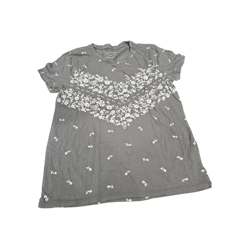 Lucky Brand Gray Floral Heart Tee Shirt Medium Boho Y2K Cottagecore Women